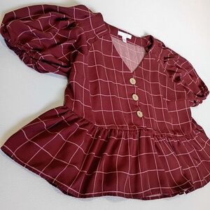 LC Lauren Conrad Burgundy Plaid Babydoll  Ruffle Puff Sleeved Blouse Size XS